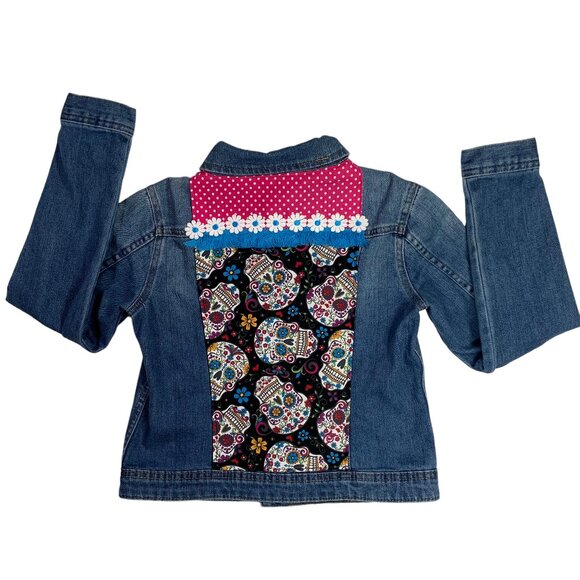 Tractor Denim Jacket Sugar Skull Jean Pink Black Day Dead Trucker Girls Large - Picture 2 of 11